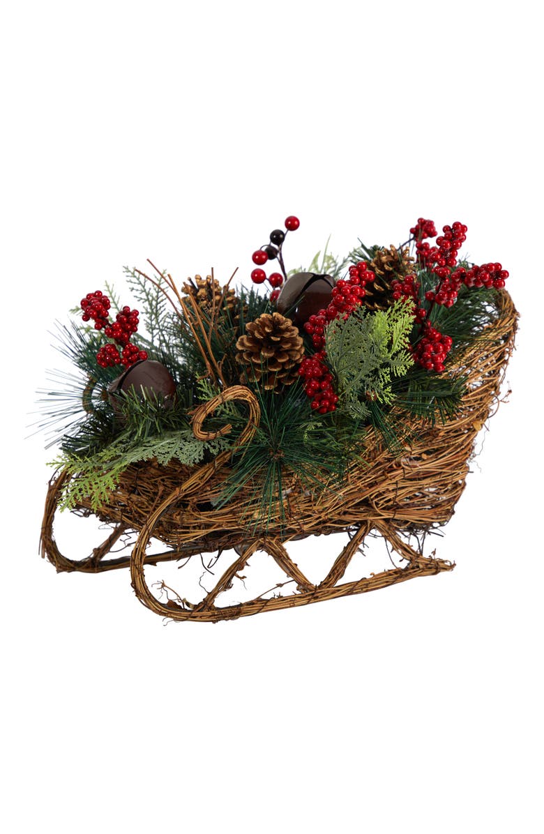 NEARLY NATURAL 18-in Christmas Sleigh with Pine, Pinecones and Berries Artificial Christmas Arrangement, Main, color, Green/Red