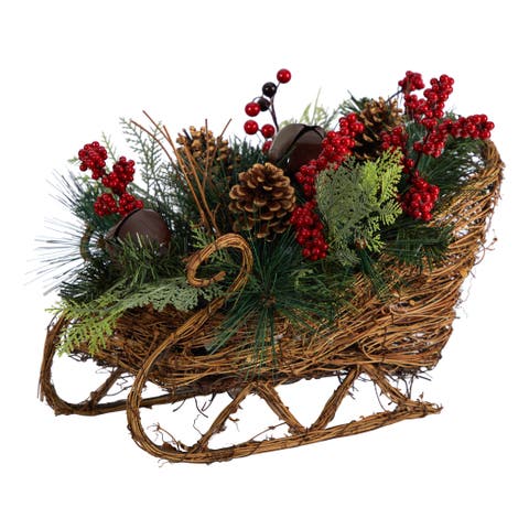 18-in Christmas Sleigh with Pine, Pinecones and Berries Artificial Christmas Arrangement