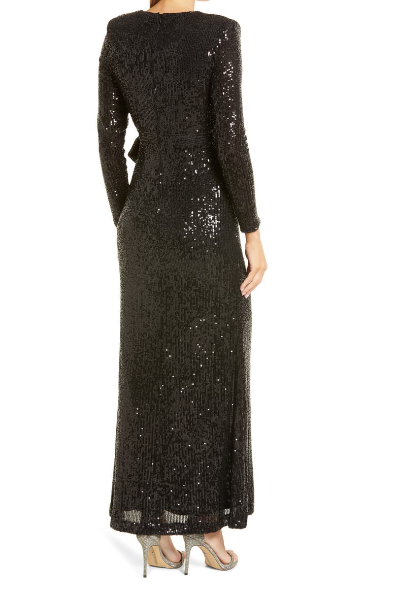 Sequin Wrap Front Long Sleeve Gown, Alternate, color, BLACK