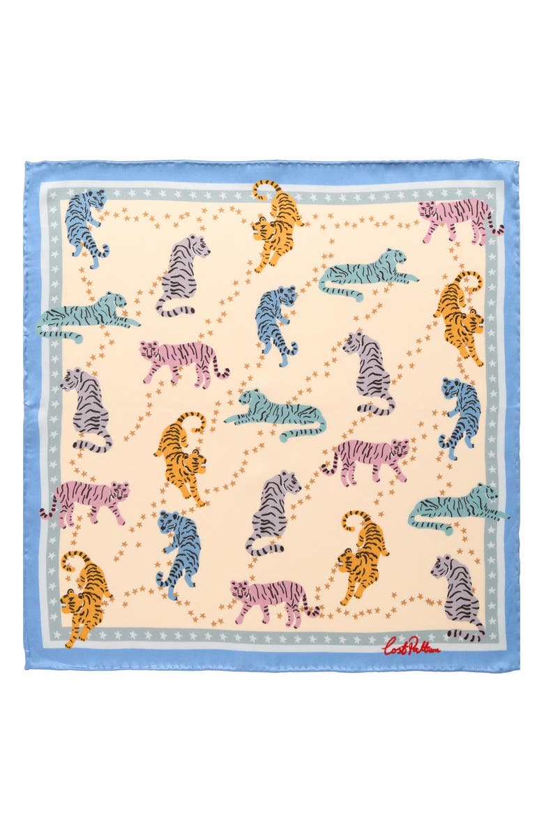 Lost Pattern Neon Tigers Silk Pocket Square, Alternate, color, Blue