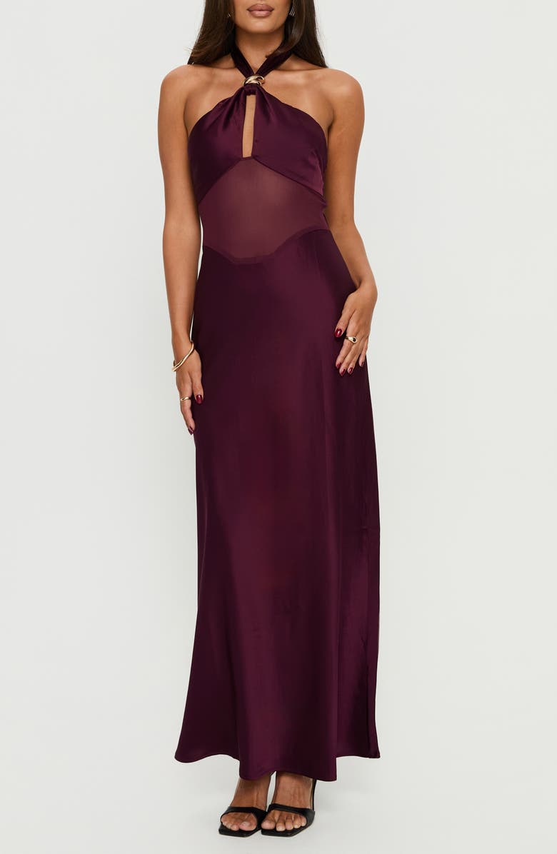Princess Polly Rosario Sheer Panel Satin Halter Gown, Main, color, Plum