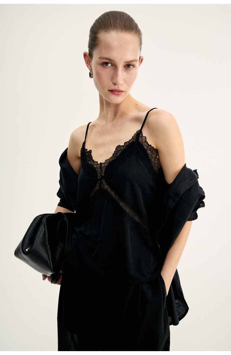 H&M Lace-trimmed Ponte-di-roma Strappy Top, Alternate, color, Black
