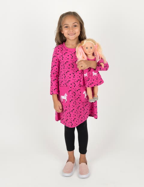 Girls Cotton Dress with Matching Doll Dress, Printed Design