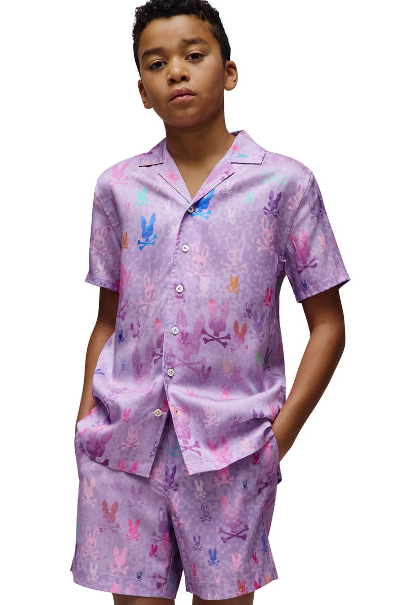 Psycho Bunny Kids' Bunny Print Camp Shirt, Alternate, color, Lavendula