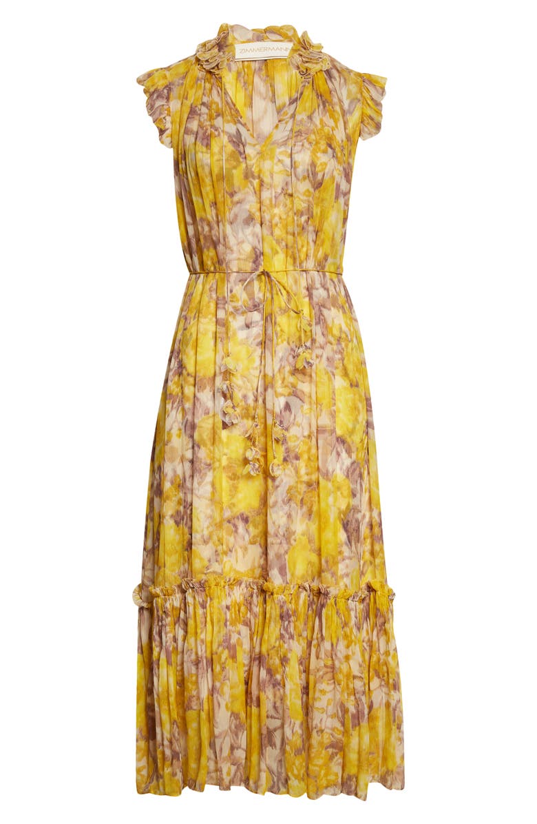 Zimmermann High Tide Flutter Sleeve Silk & Linen Midi Dress, Alternate, color, 