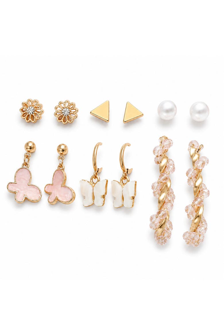 6-Pair 14K Gold-Plated Mixed Stud and Drop Earring Set, Alternate, color, Gold/Pink/White