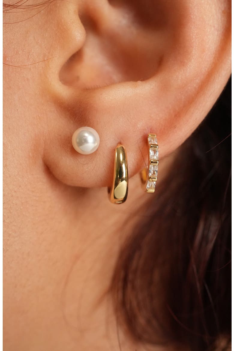 Set of 3 Faux Pearl Stud and Huggie Hoop Earrings, Alternate, color, GOLD
