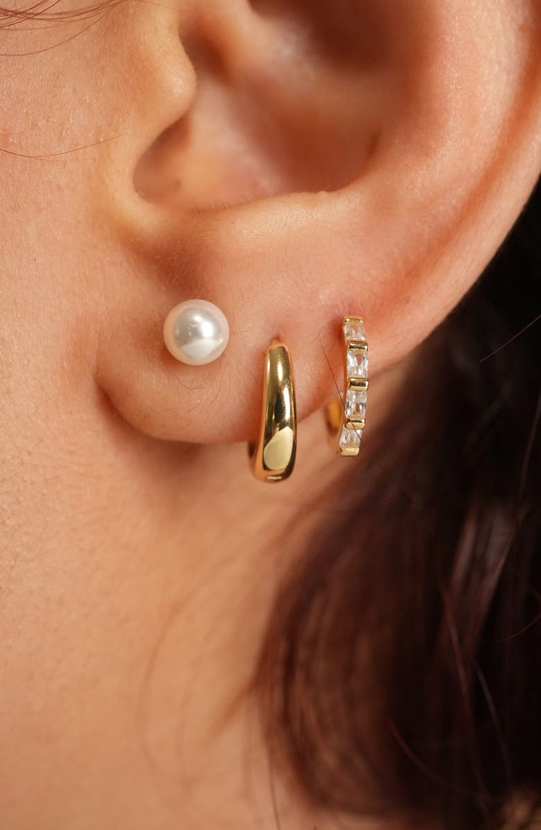 Argento Vivo Sterling Silver Set of 3 Faux Pearl Stud and Huggie Hoop Earrings, Alternate, color, Gold