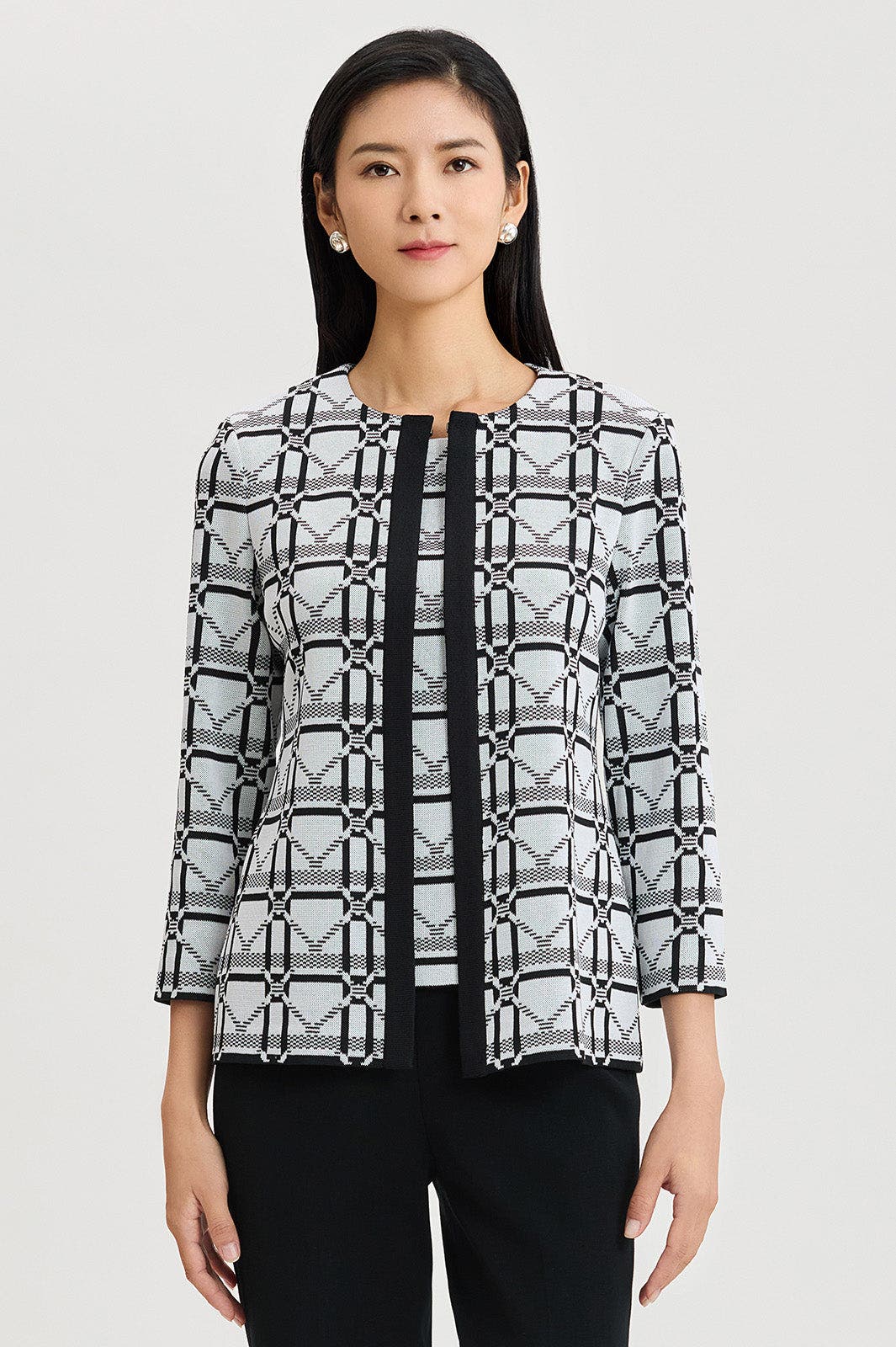 Ming Wang Heritage Monochrome Geometric Knit Jacket In Gray