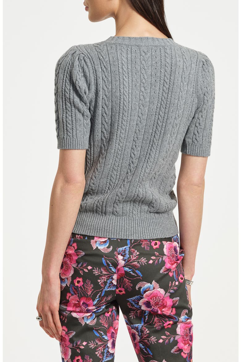 Embellished Puff Sleeve Cotton & Wool Blend Cable Sweater, Alternate, color, HEATHER GREY