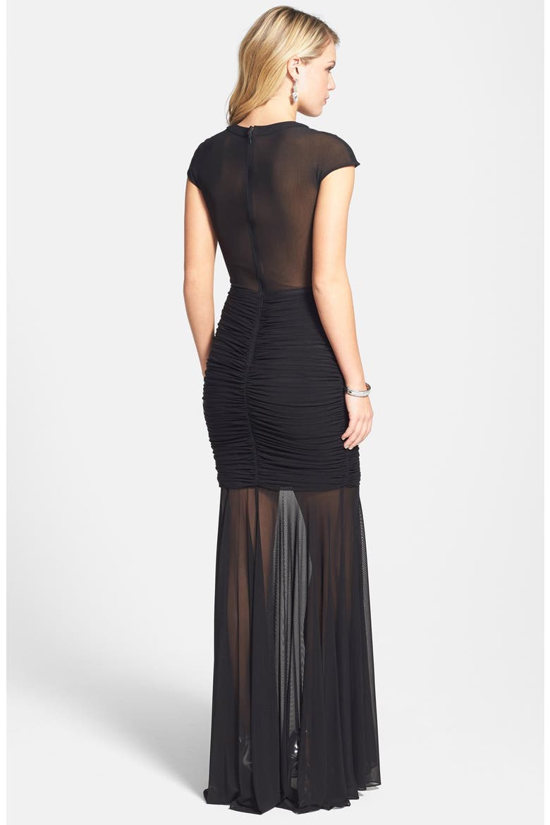Ruched Sheer Panel Trumpet Gown, Alternate, color, BLACK