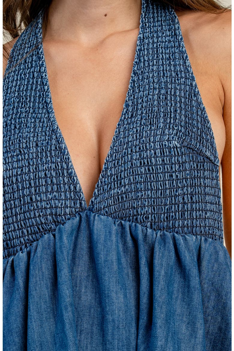 Smocked V-Neck Denim Dress, Alternate, color, MEDIUM BLUE