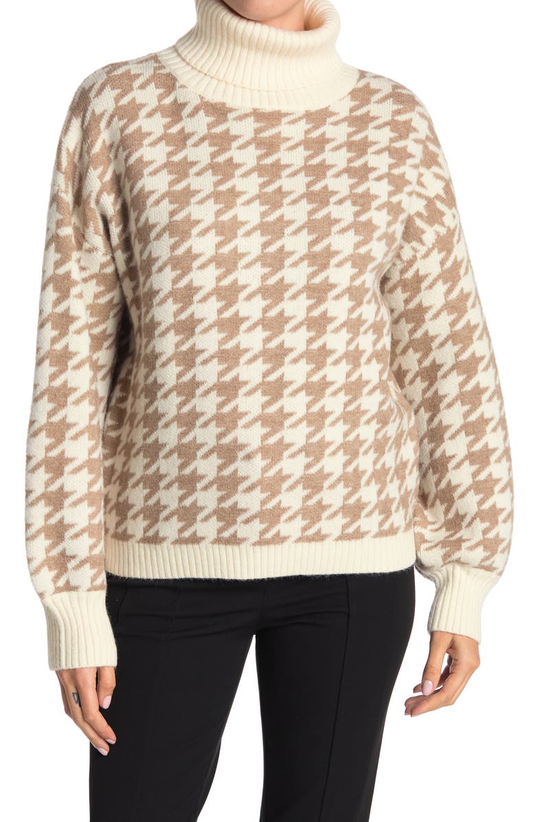 Love Token Houndstooth Turtleneck Pullover Sweater, Main, color, Camel/Ivory