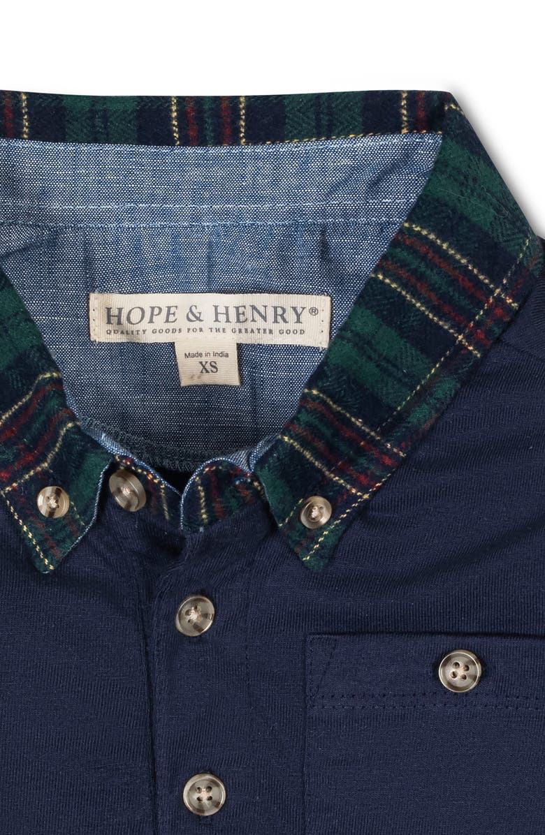 Hope & Henry Kids' Organic Long Sleeve Polo Shirt with Woven Collar, Alternate, color, Navy With Scottish Collar