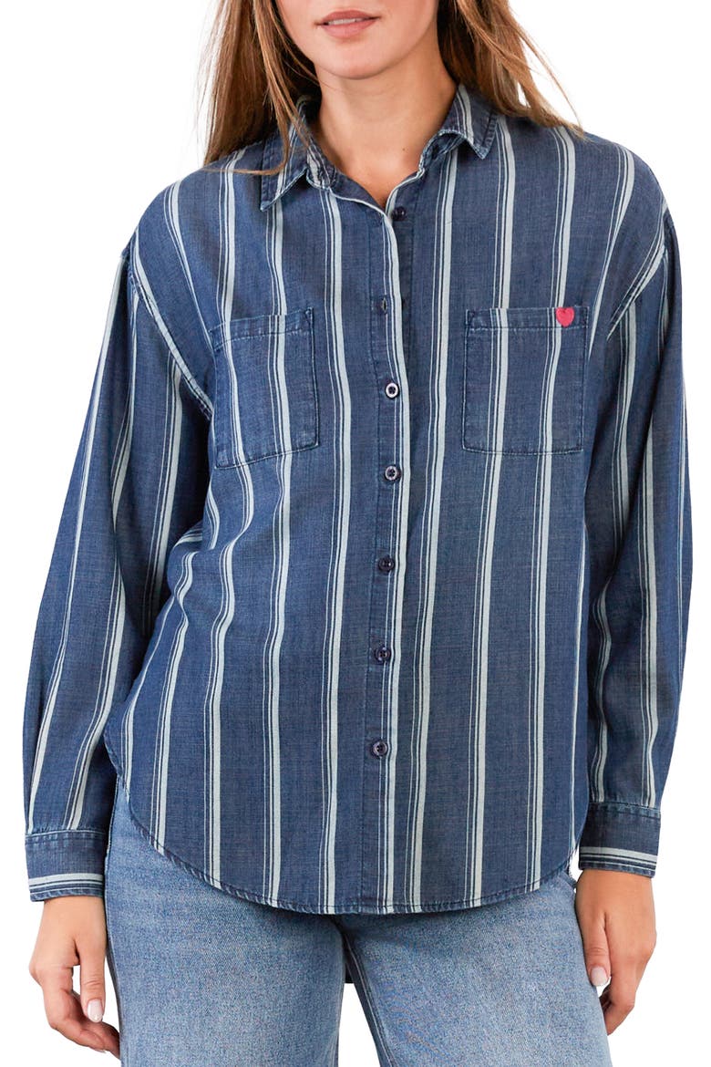 Worry-Free Stripe Button Front Shirt, Main, color, INDIGO CABANA STRIPE