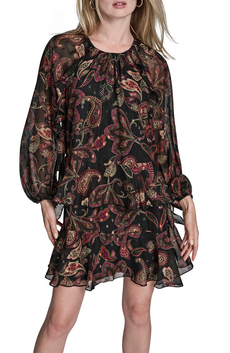 BCBG Print Ruffle Long Sleeve Minidress, Alternate, color, Chocolate / Plum Orange
