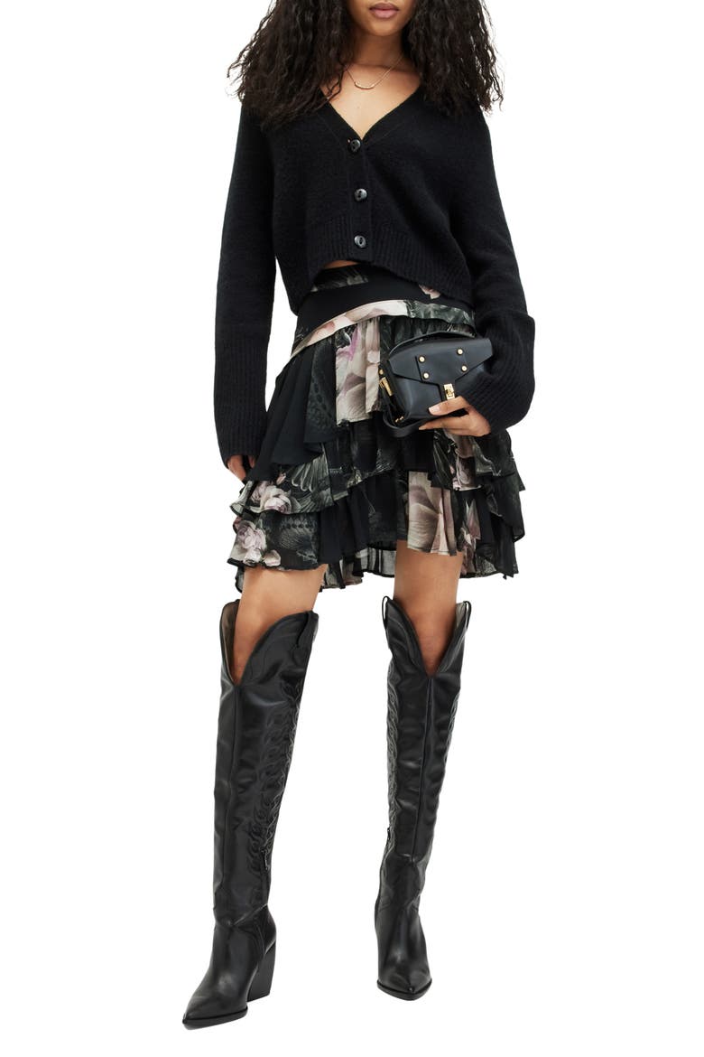 Cavalry Valley Floral Tiered Skirt, Alternate, color, JET BLACK