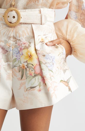 Zimmermann Tropical Floral Belted Linen Tuck Shorts | Nordstrom
