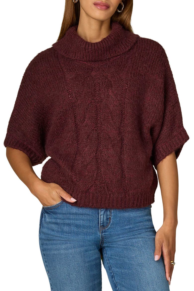 Cable Stitch Elbow Sleeve Turtleneck Sweater, Main, color, WINE