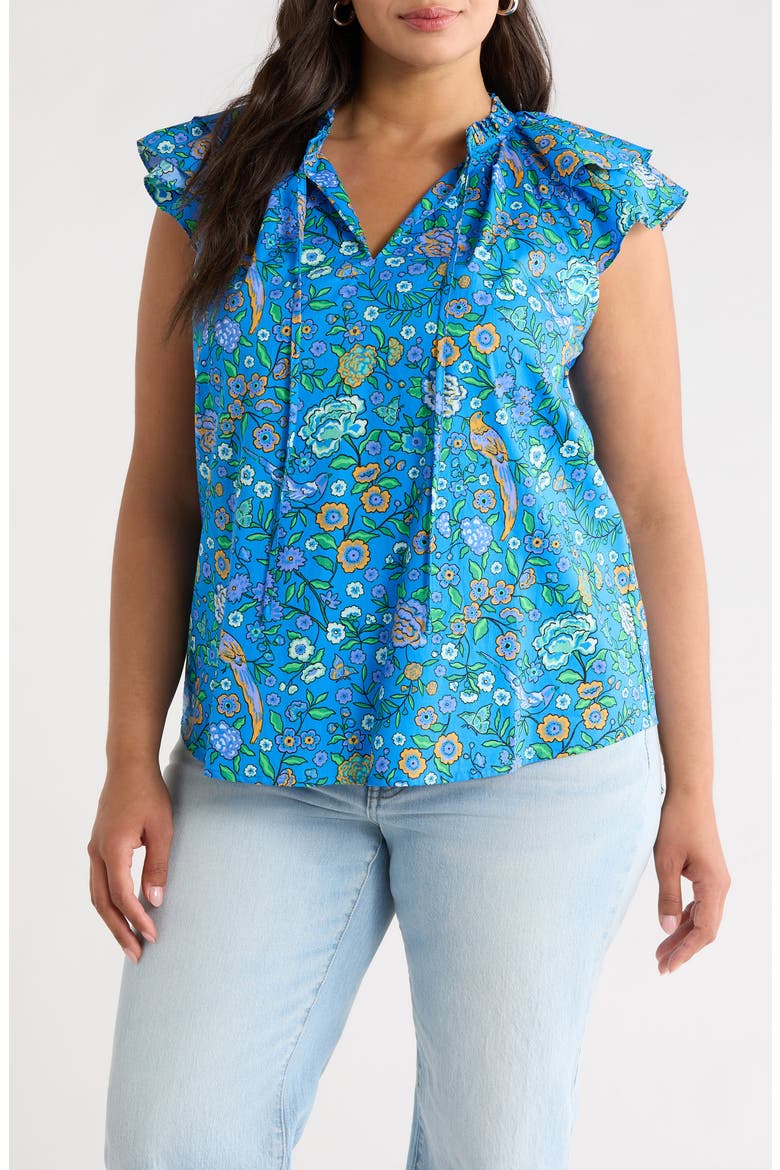 Floral Ruffle Cap Sleeve Top, Main, color, BLUE-GREENS