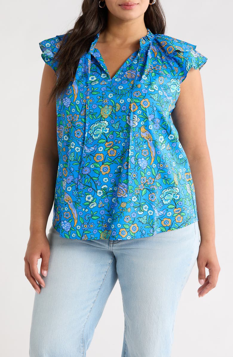 SUGARLIPS Floral Ruffle Cap Sleeve Top, Main, color, Blue-Greens