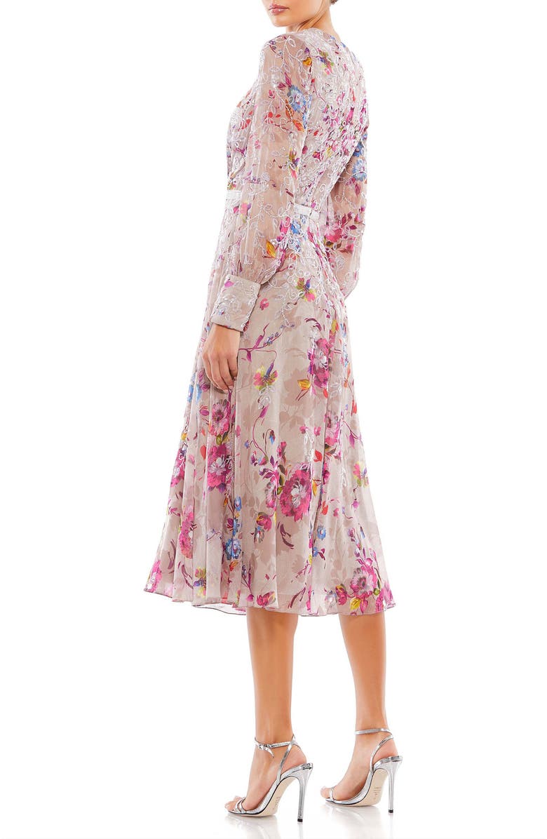 Mac Duggal Long Sleeve Embellished Floral Midi Dress, Alternate, color, Mauve Multi