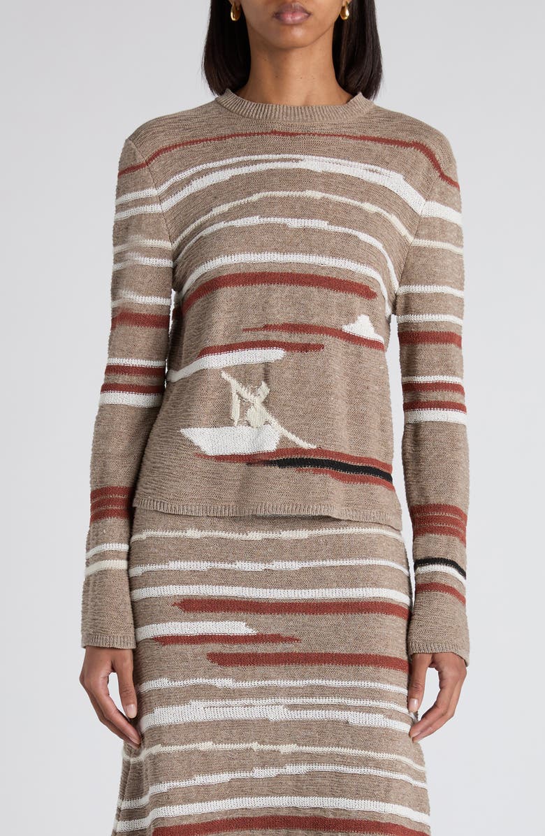 Bottega Veneta Venice Intarsia Linen & Cotton Mélange Sweater, Main, color, Maple/ Chalk