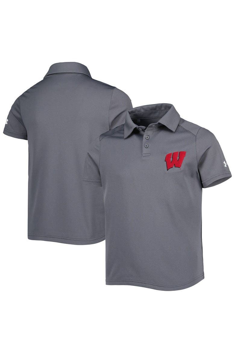 Youth Under Armour Charcoal Wisconsin Badgers Tech Mesh Performance Polo, Main, color, Charcoal