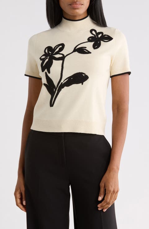 Floral Applique Mock Neck Short Sleeve Sweater