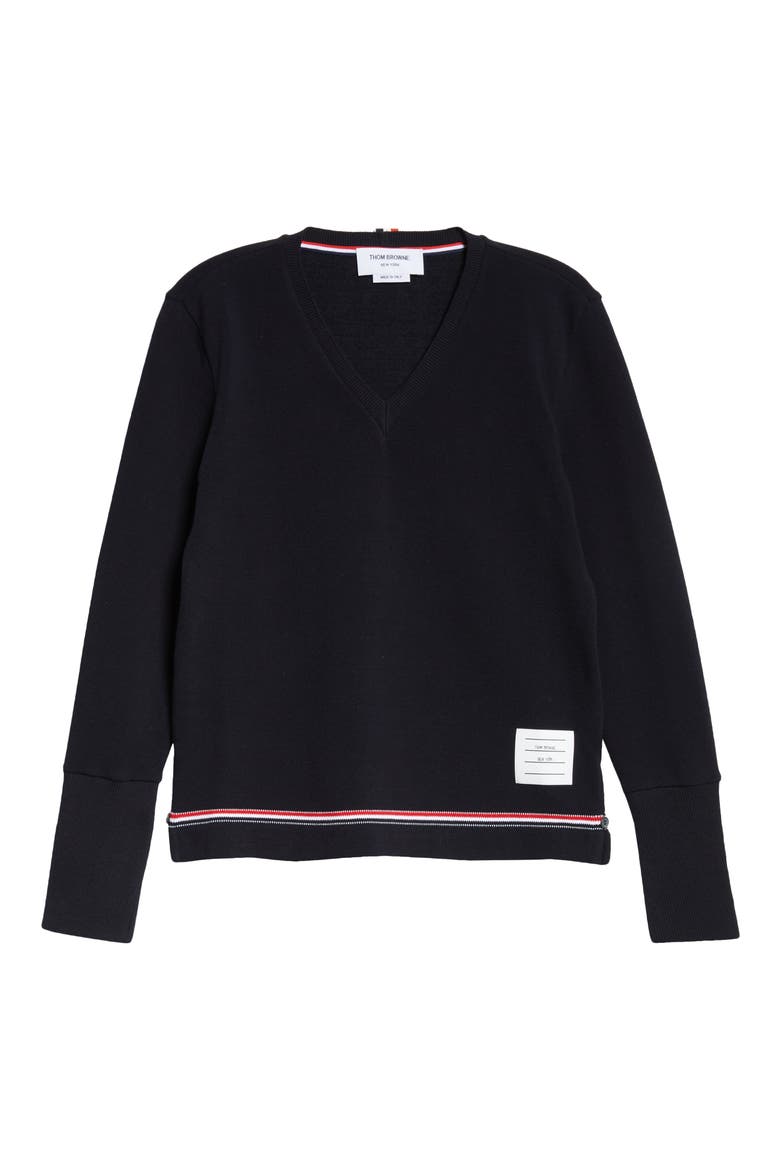 Tricolor Trim V-Neck Sweater, Alternate, color, NAVY