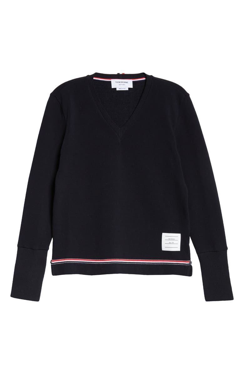 Thom Browne Tricolor Trim V-Neck Sweater, Alternate, color, 