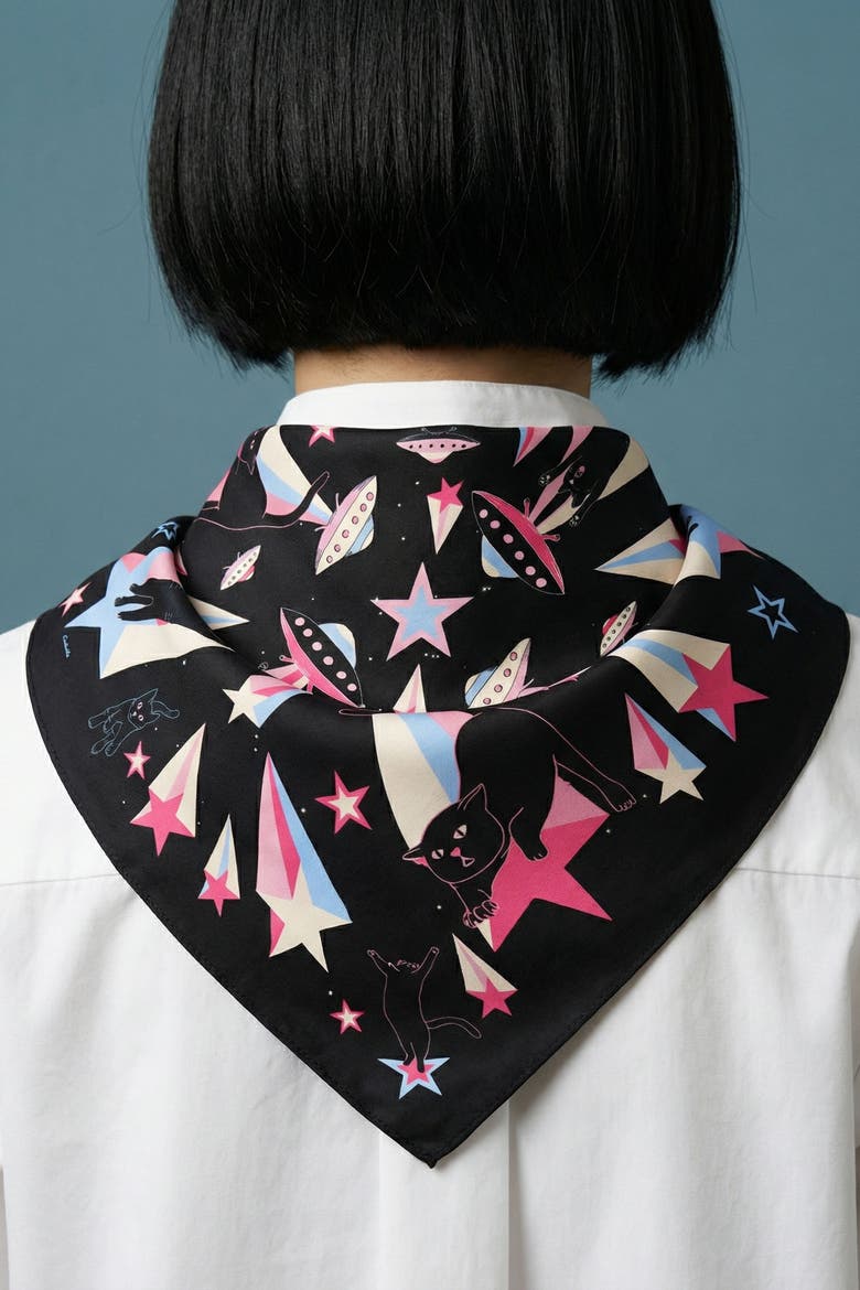 Cat Abduction Cotton Silk Bandana, Alternate, color, Black