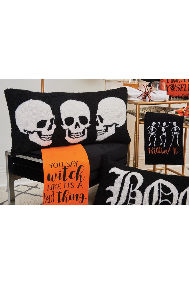 Killin' It Skeleton Halloween Embroidered Waffle Weave Cotton Kitchen Towel, Alternate, color, Black