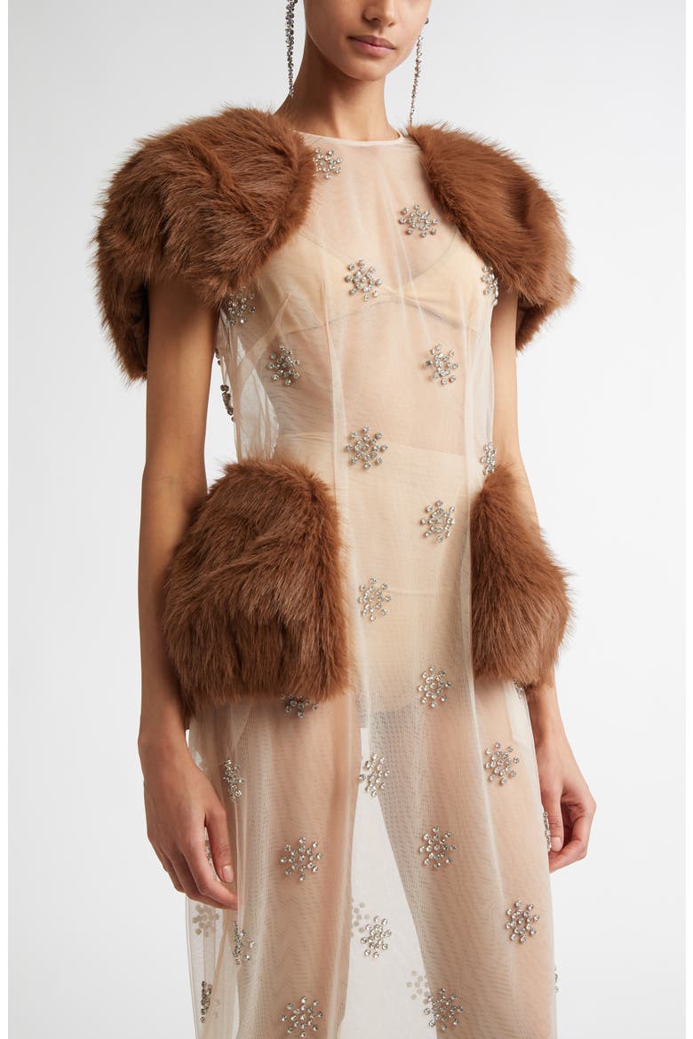 Embellished Faux Fur Panel Sheer Midi Dress, Alternate, color, SHEER IVORY/ DIAMANTE/ BROWN