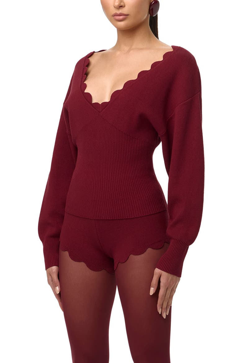 Scallop Trim V-Neck Sweater, Alternate, color, RED