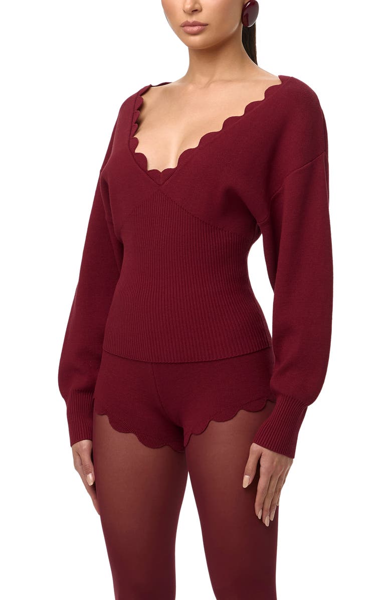 Naked Wardrobe Scallop Trim V-Neck Sweater, Alternate, color, Red
