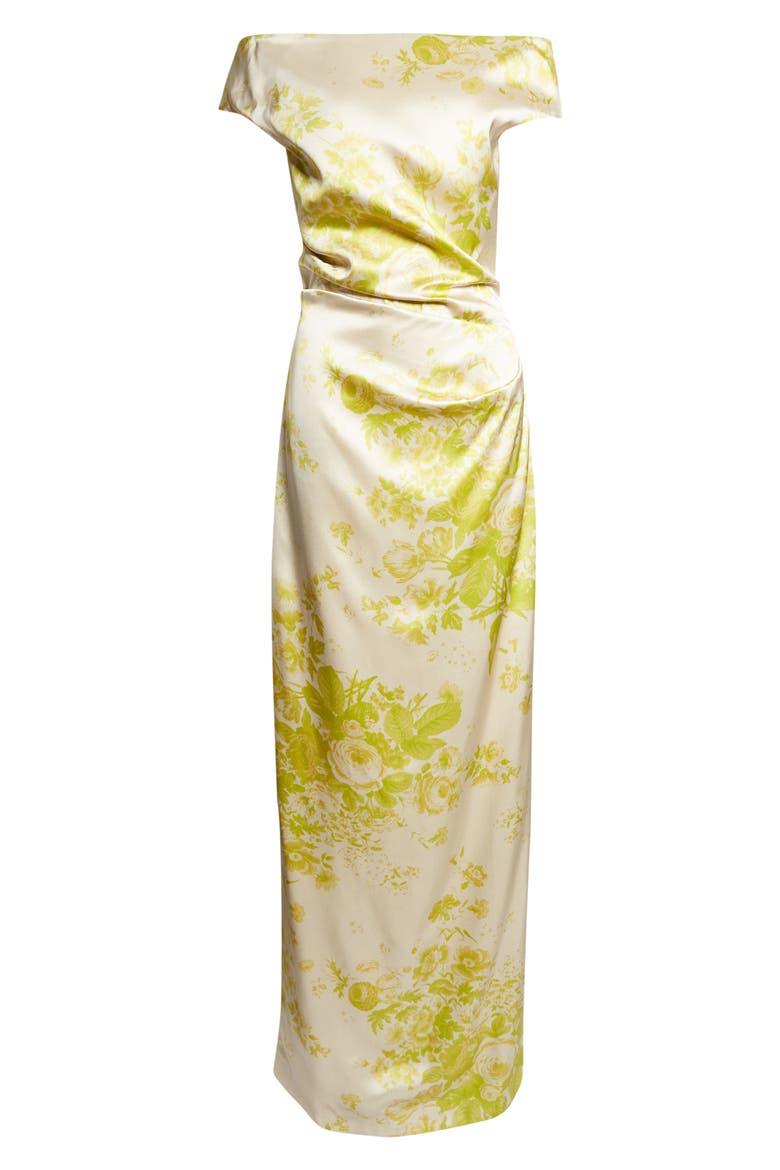 Floral Print Duchesse Satin Off the Shoulder Gown, Alternate, color, ROSE BOUQUET CHARTREUSE
