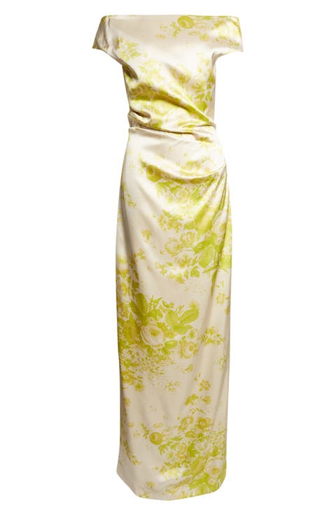 Floral Print Duchesse Satin Off the Shoulder Gown