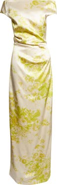 Erdem Floral Print Duchesse Satin Off the Shoulder Gown