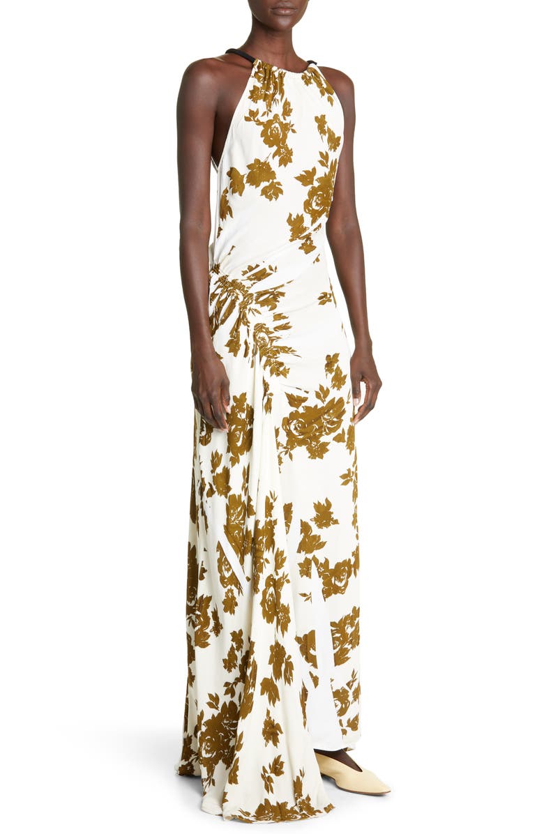Proenza Schouler Floral Halter Neck Asymmetric Crepe Maxi Dress, Alternate, color, 