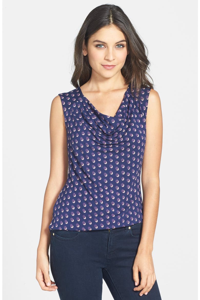Drape Neck Sleeveless Tee, Main, color, NAVY- PINK GRID DOT
