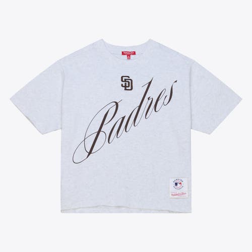 Mitchell & Ness Heather Gray San Diego Padres Script Cropped Boxy T-shirt In White