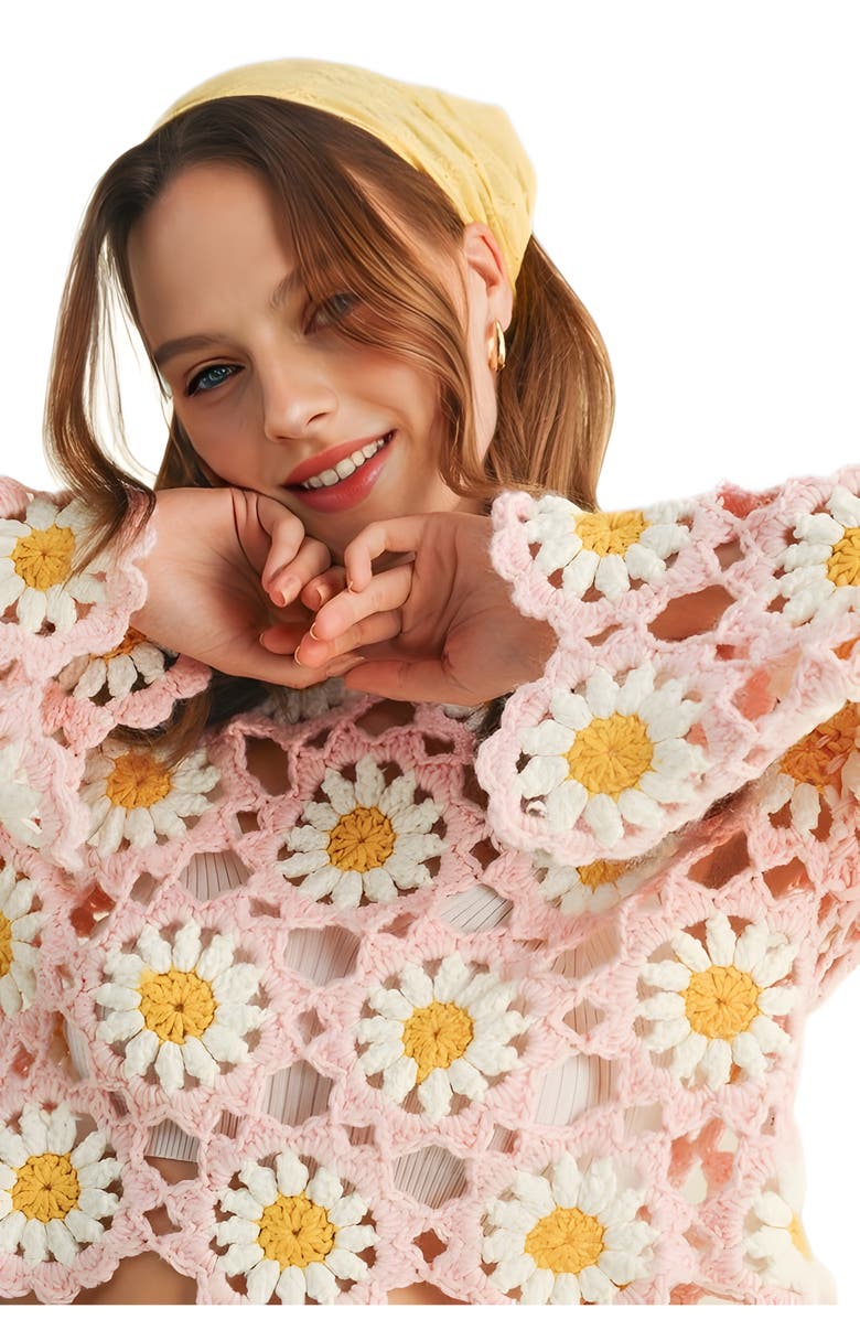 Knit and Lounge Crochet Daisy Bell Sleeve Top, Alternate, color,