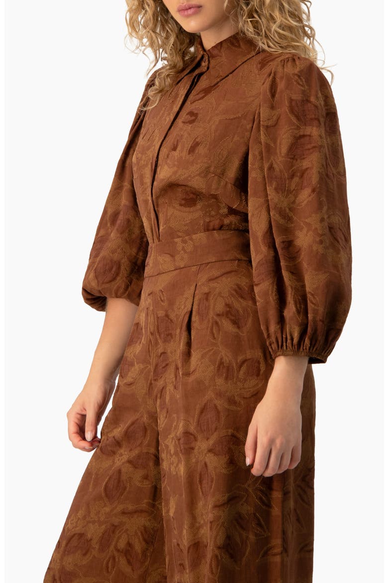 Floral Jacquard 3/4 Puff-Sleeve Button-Down Collared Shirt, Alternate, color, Chocolate