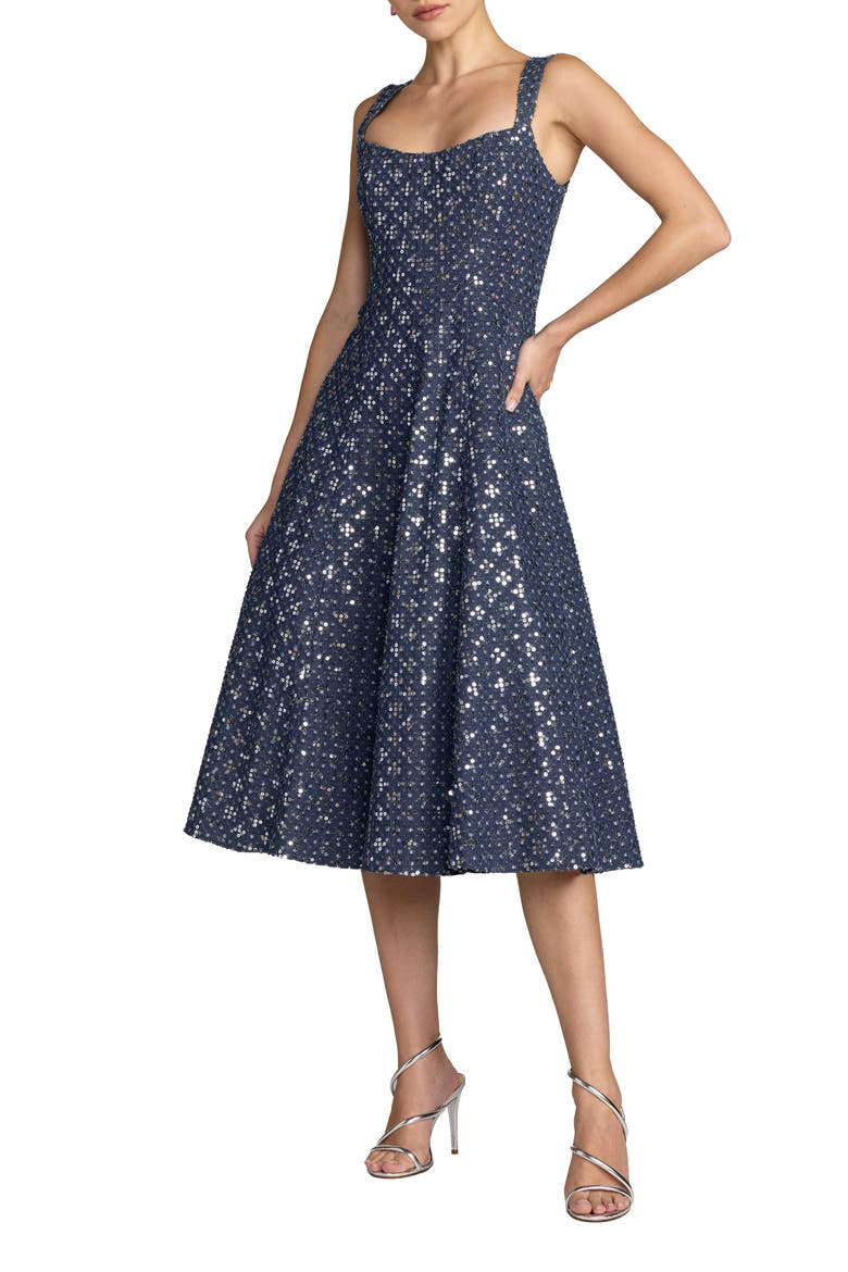 Sleeveless Sequin Denim Midi Dress, Main, color, Blue