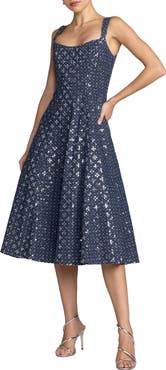 Mac Duggal Sleeveless Sequin Denim Midi Dress
