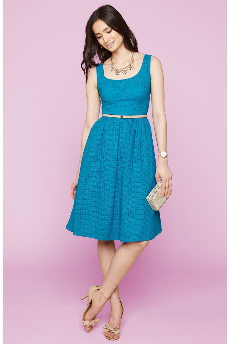 Belted Eyelet Lace Fit & Flare Dress, Alternate, color, TEAL