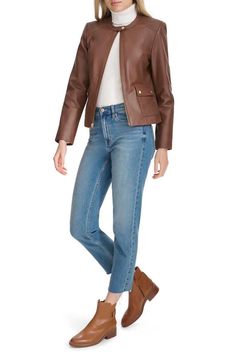 Woven Detail Leather Jacket, Alternate, color, HICKORY