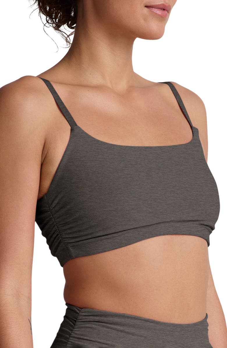 Beyond Yoga Space Dye Raise the Barre Shirred Sports Bra, Alternate, color, True Gray Heather