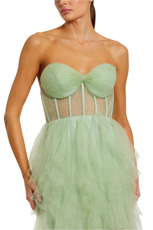 MAC DUGGAL MAC DUGGAL STRAPLESS BUSTIER NET GOWN WITH SPIRAL RUFFLES